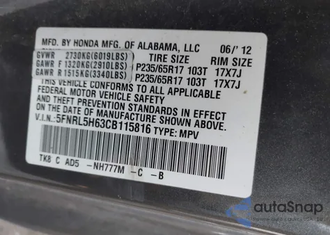 2012 Honda Odyssey Ex-L z USA, uszkodzony, nr VIN 5FNRL5H63CB115816